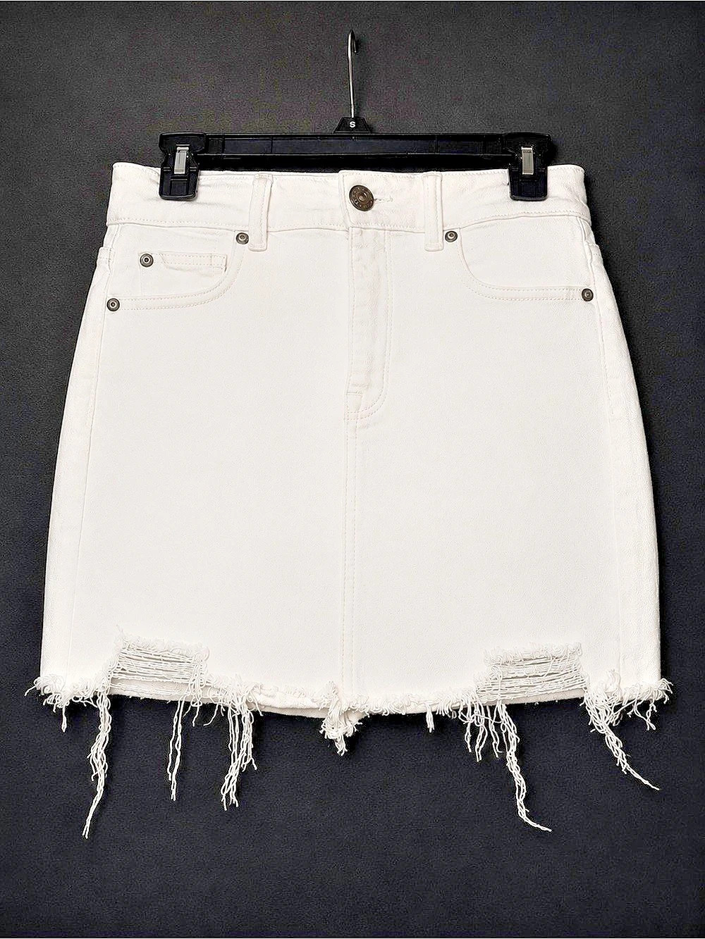 American Eagle White Denim Distressed Raw Hem Mini Skirt